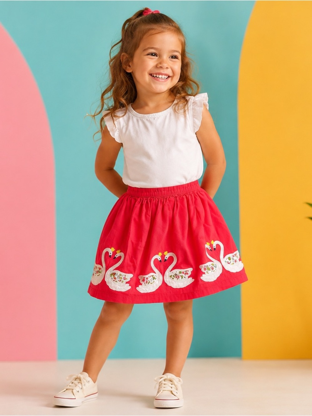 MINI BODEN Swan Appliqué Patchwork Embrodiered Skirt